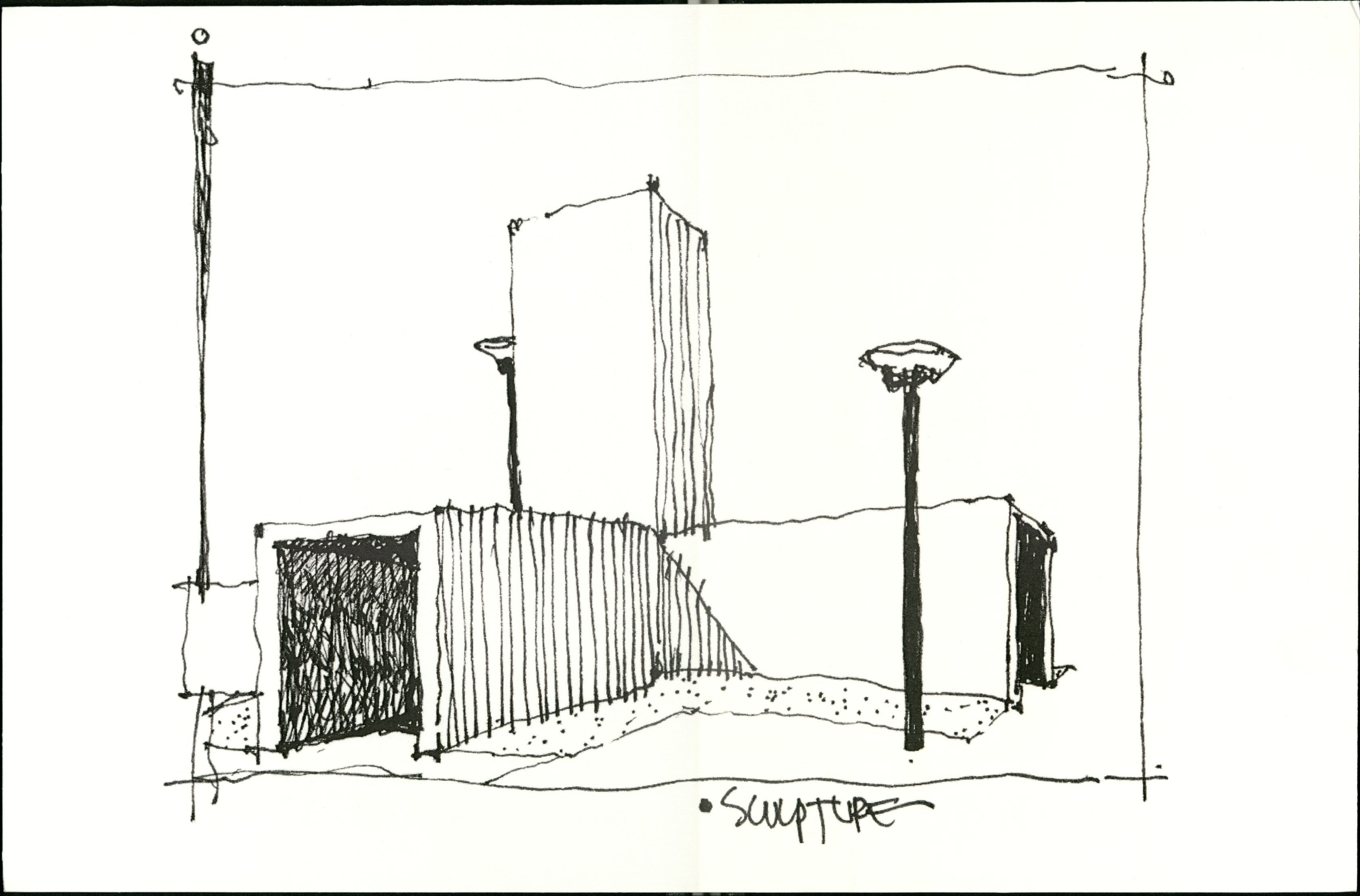 An original sketch for the sculpture by Bruce Nauman, 1988. Facility Planning #028, Oversize Drawer